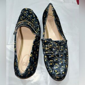 CAbi BLUE Carnaby VELVET LOAFERS 9 shoes yellow Floral OFFICE career GOLD Accent